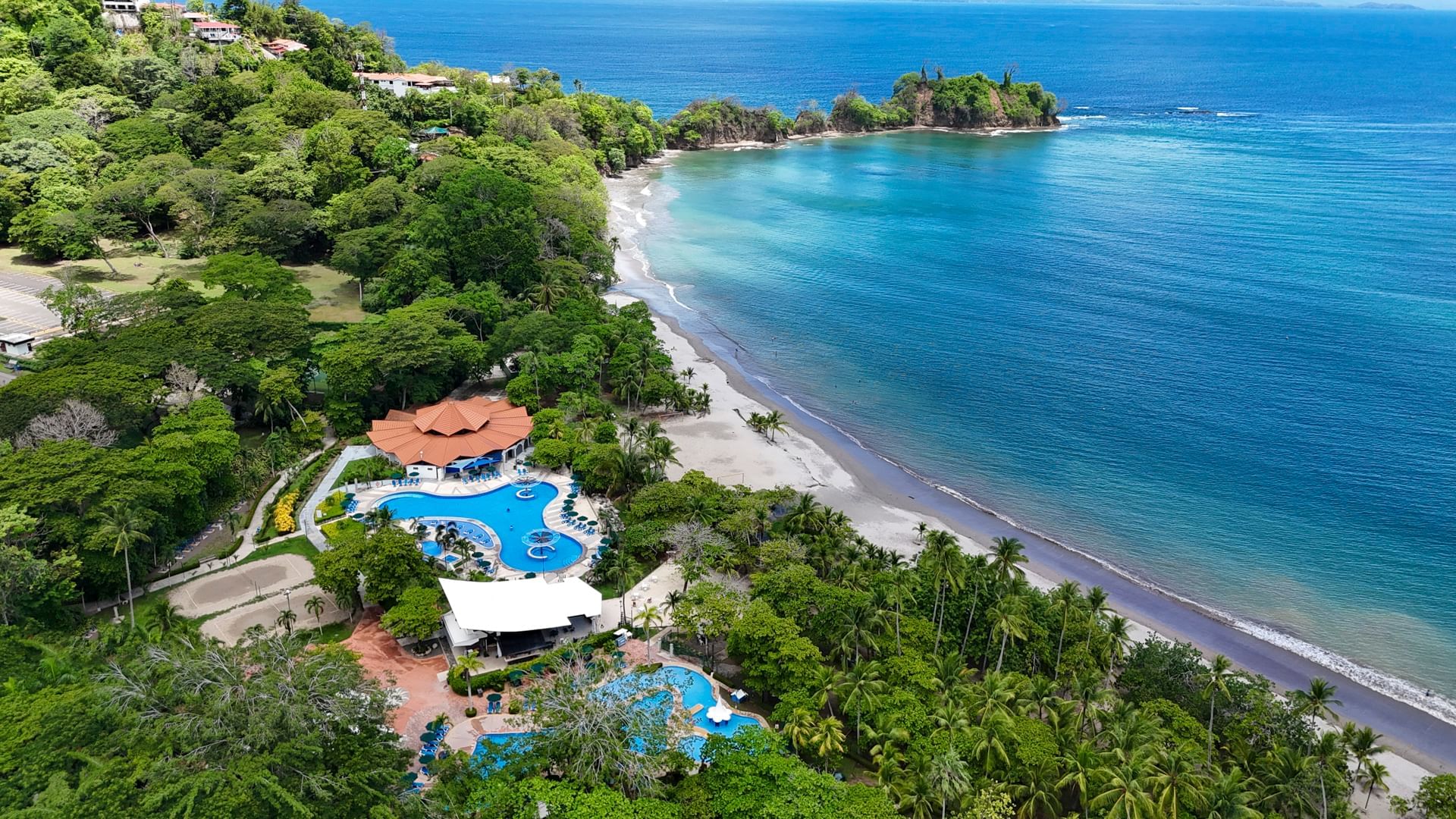 Aerial view of Punta Leona beach and hotel