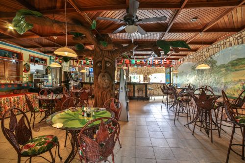 Wicker leaf-back chairs, tree branches overhead, and hand-painted hill murals.
