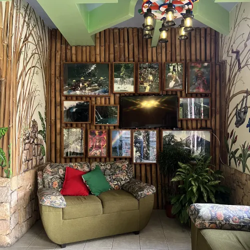 Lobby gallery seating beside curated wall art.