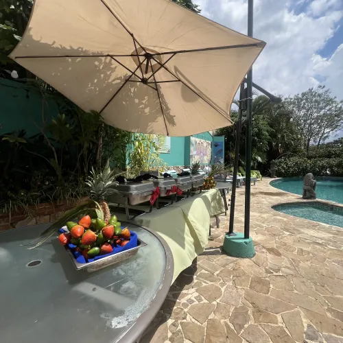 Poolside buffet setup for group celebrations.