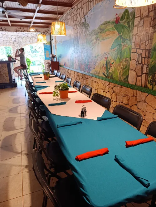 Private dining room with tropical murals for group events.
