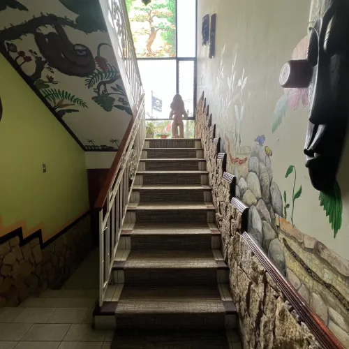 Staircase lined with hand-painted rainforest murals.