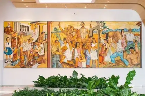 Heritage mural celebrating Costa Rican history and culture.