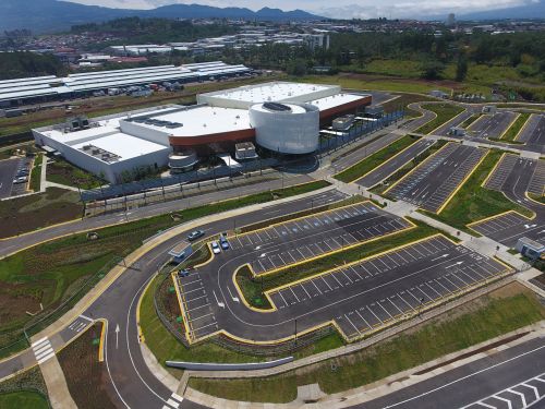 Aerial view of the convention center and surrounding parking facilities.
